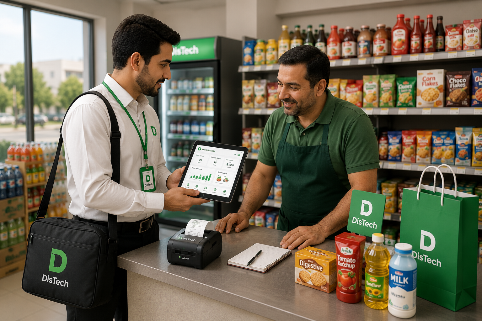 DisTech sales rep using a tablet in a retail store with DisTech branded materials
