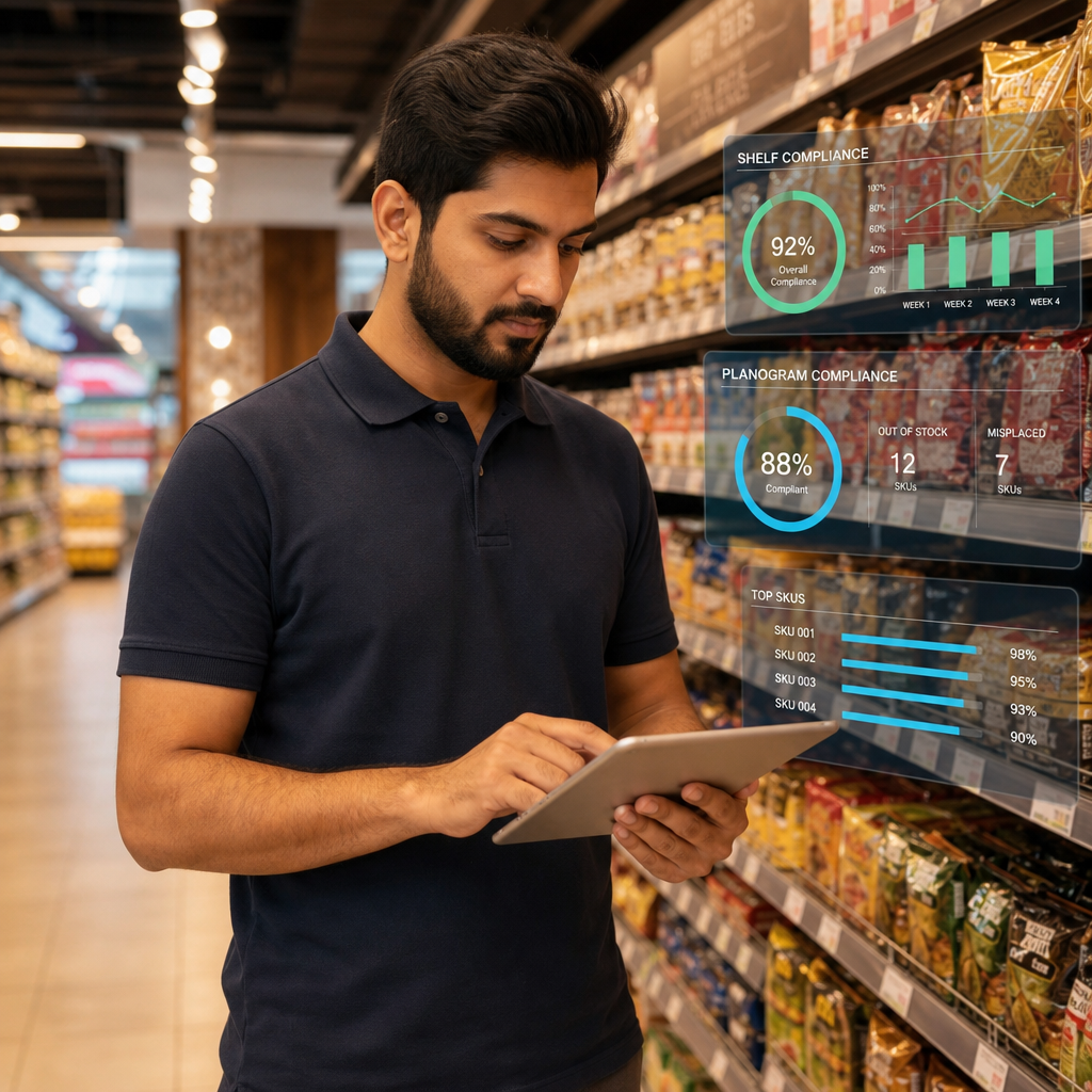 Modern MENA retail store with a merchandiser holding a tablet showing shelf planogram, stock compliance, and task dashboards, surrounded by stocked supermarket shelves and holographic KPI widgets, warm natural sunlight
