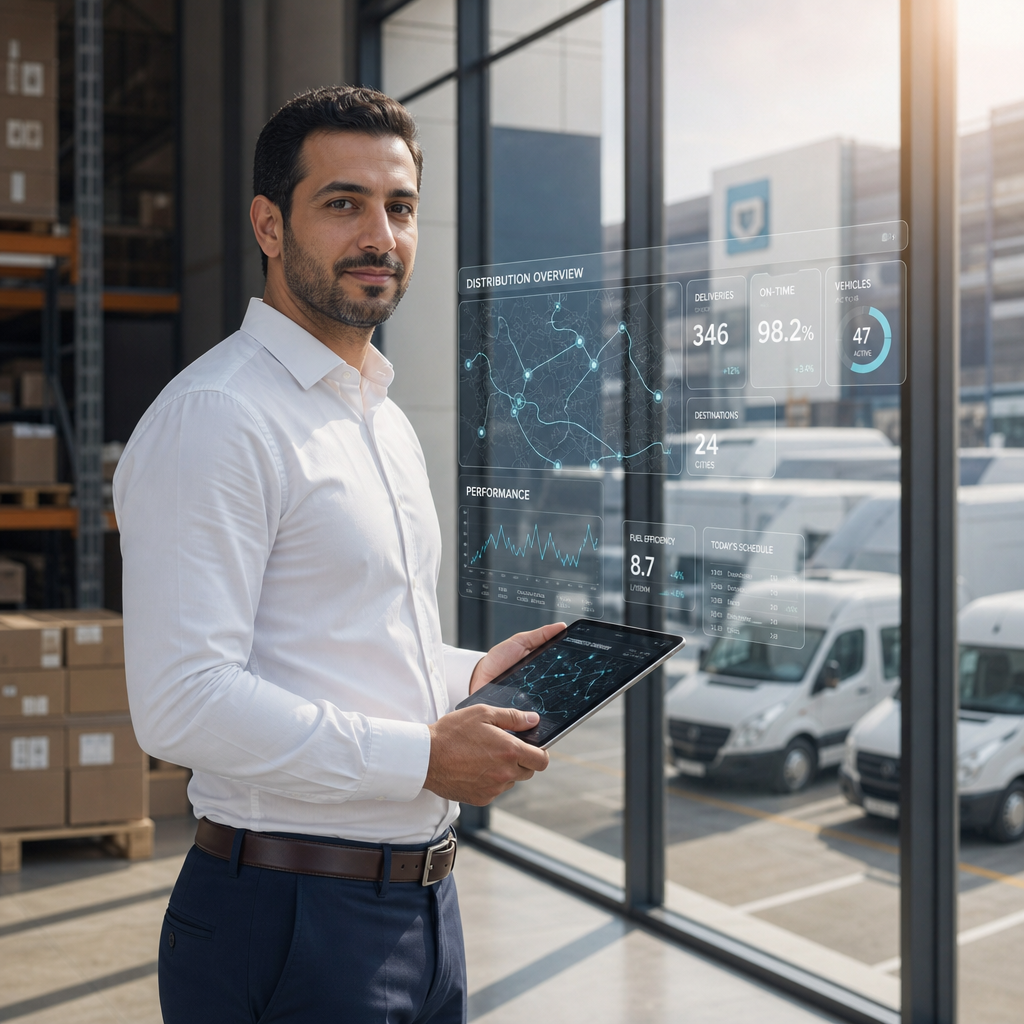 Modern MENA distribution hub with an Arabic-featured logistics manager in business-casual clothing holding a tablet showing distribution dashboards, holographic route maps and KPI widgets, white delivery vans, warm natural sunlight