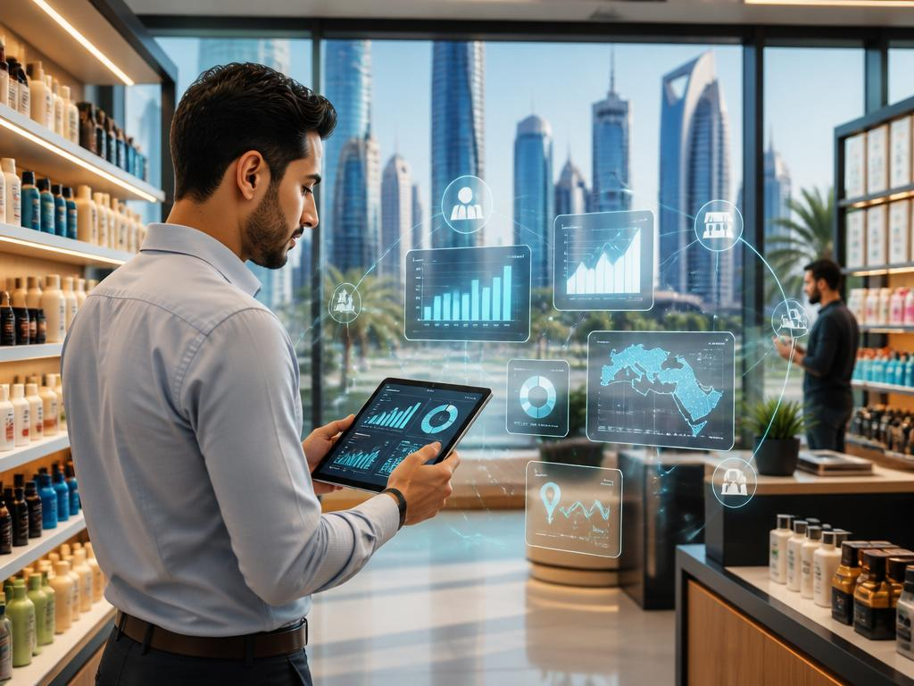 Retail store in MENA with a salesperson holding a tablet showing sales analytics dashboards, holographic charts, KPI widgets, and a Dubai skyline visible through the window