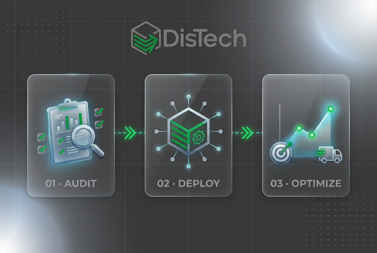 Infographic showing the DisTech methodology: Audit, Deploy, Optimize