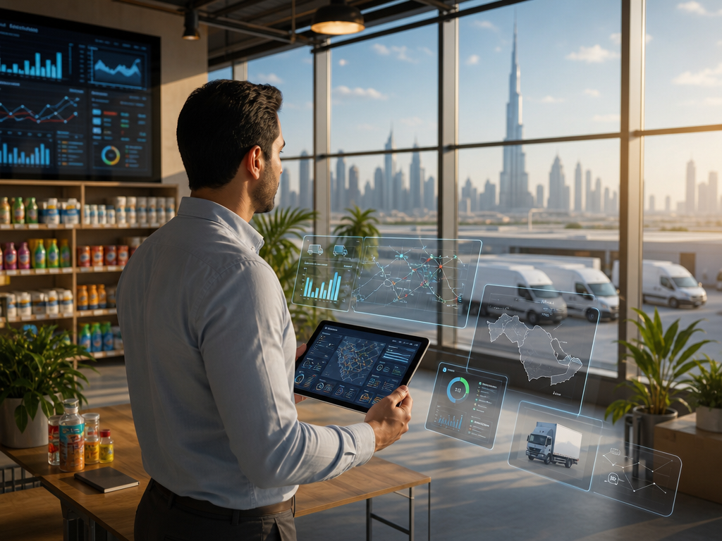 Modern MENA distribution hub with a logistics manager holding a tablet showing distribution dashboards, holographic route maps and KPI widgets, Dubai skyline visible through large windows, white delivery vans, warm natural sunlight