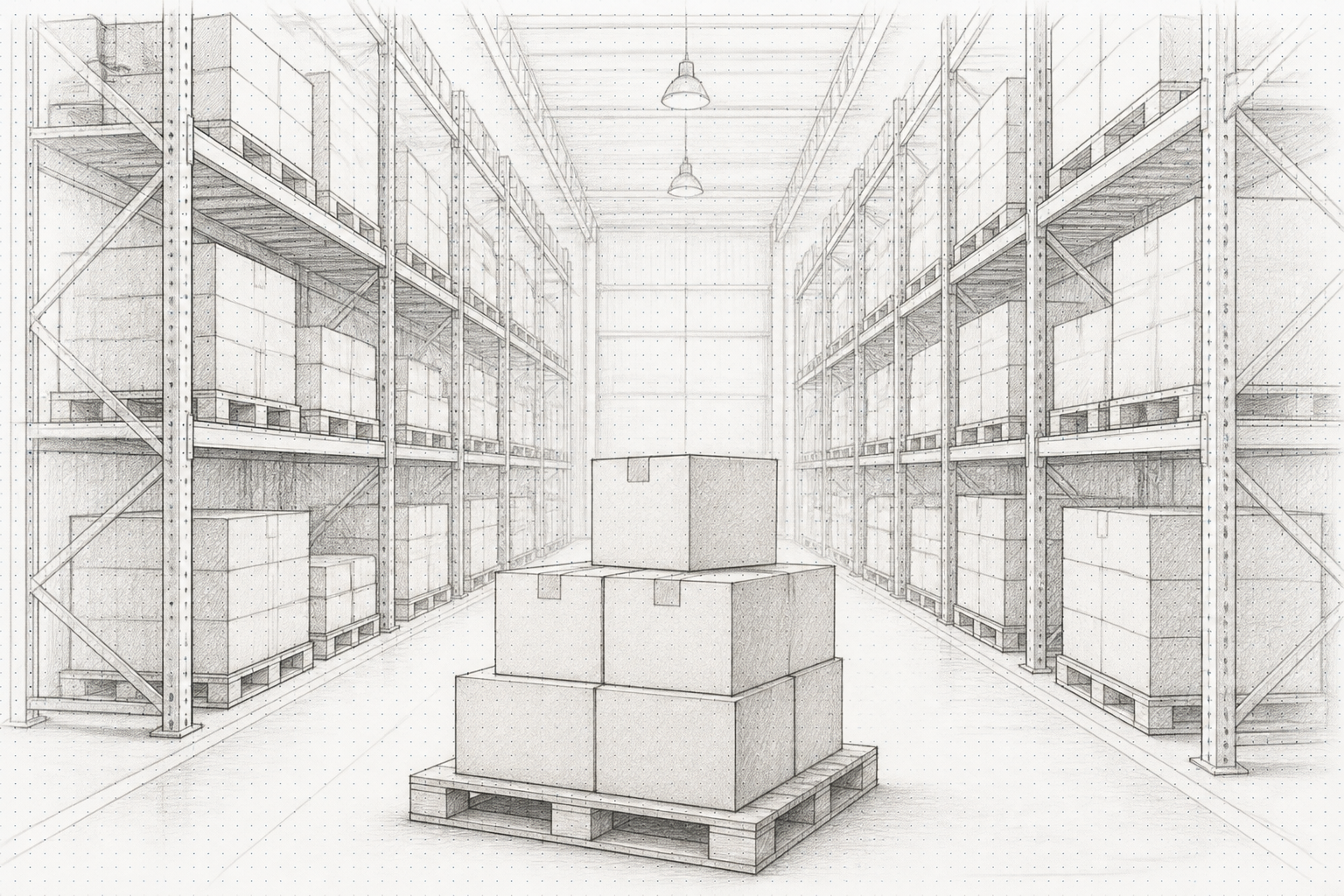 Pencil sketch of a warehouse aisle with stacked boxes on a pallet