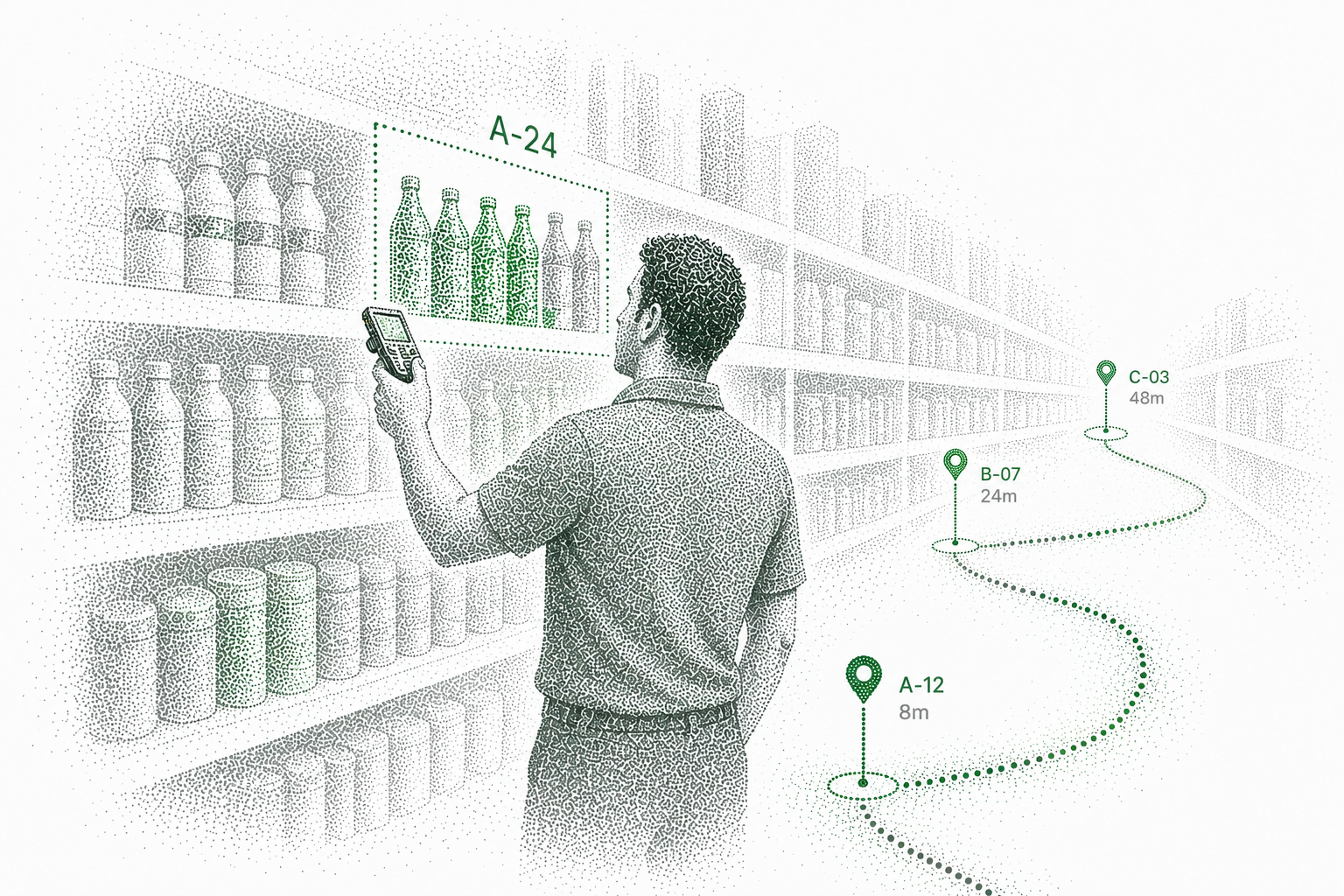Pencil sketch of a field merchandiser checking shelves and a planogram