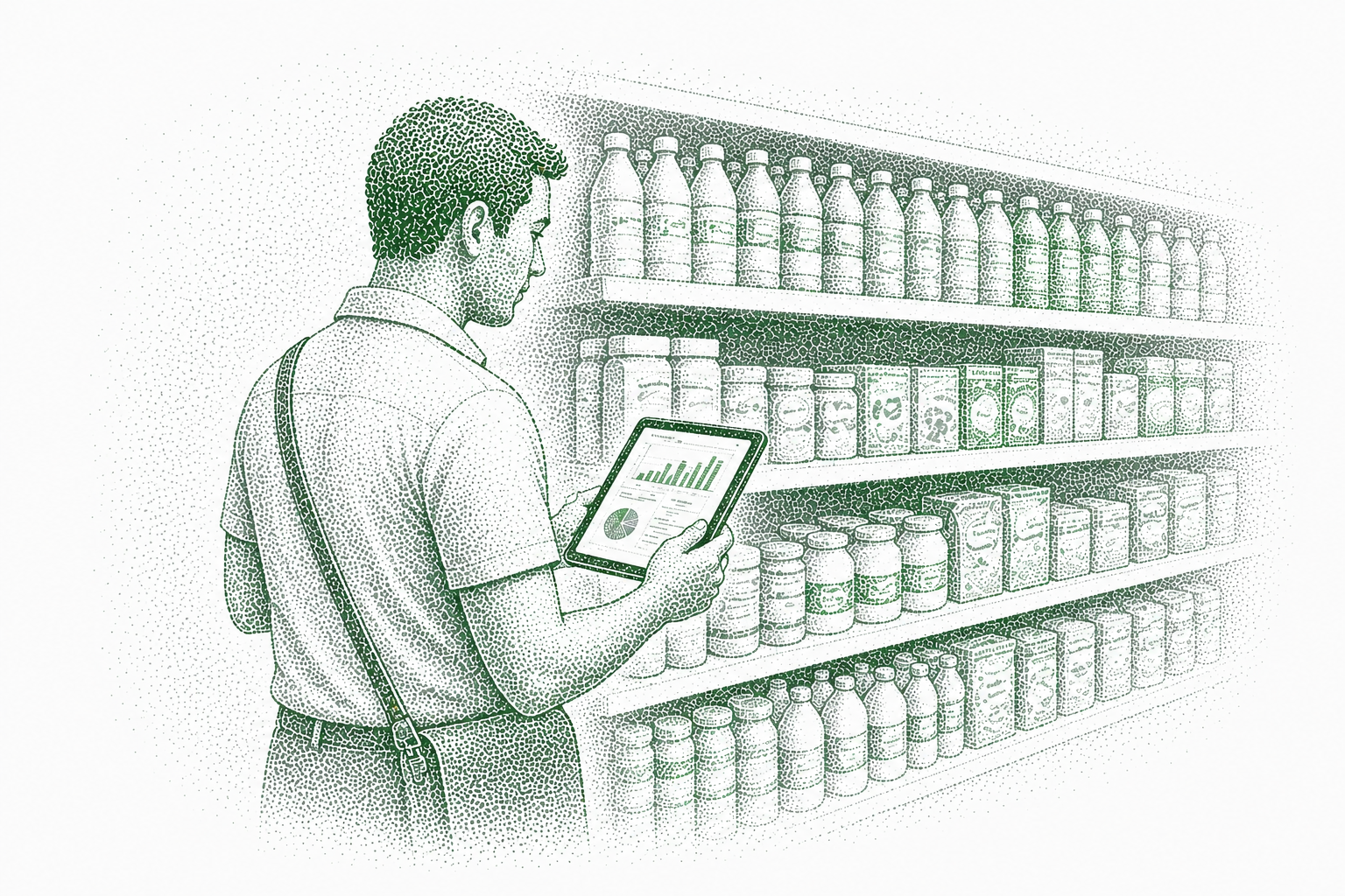 Pencil sketch of a sales rep on a tablet in front of retail shelves