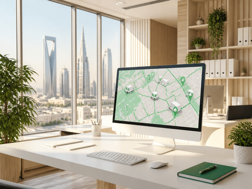 DisTech Distribution illustration showing route planning, delivery fleet, and logistics network
