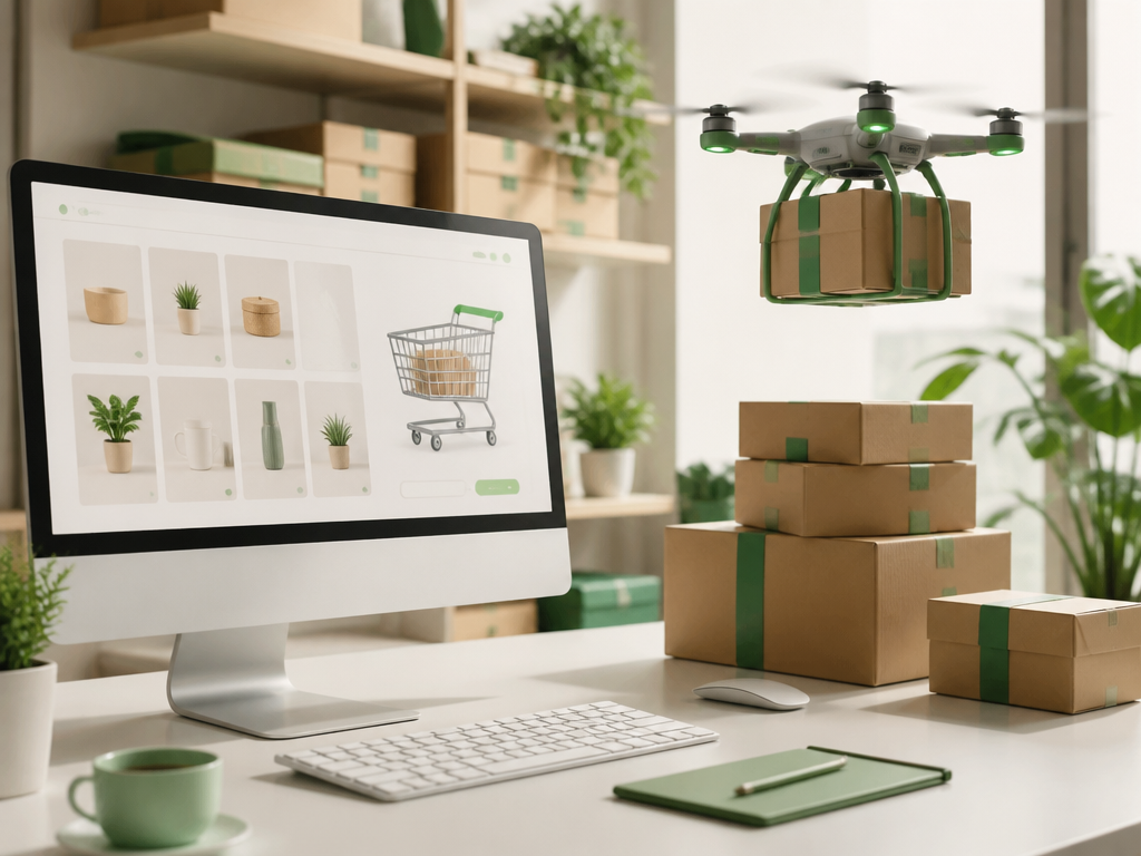 E-commerce optimization illustration showing digital storefront, cart, and fulfillment