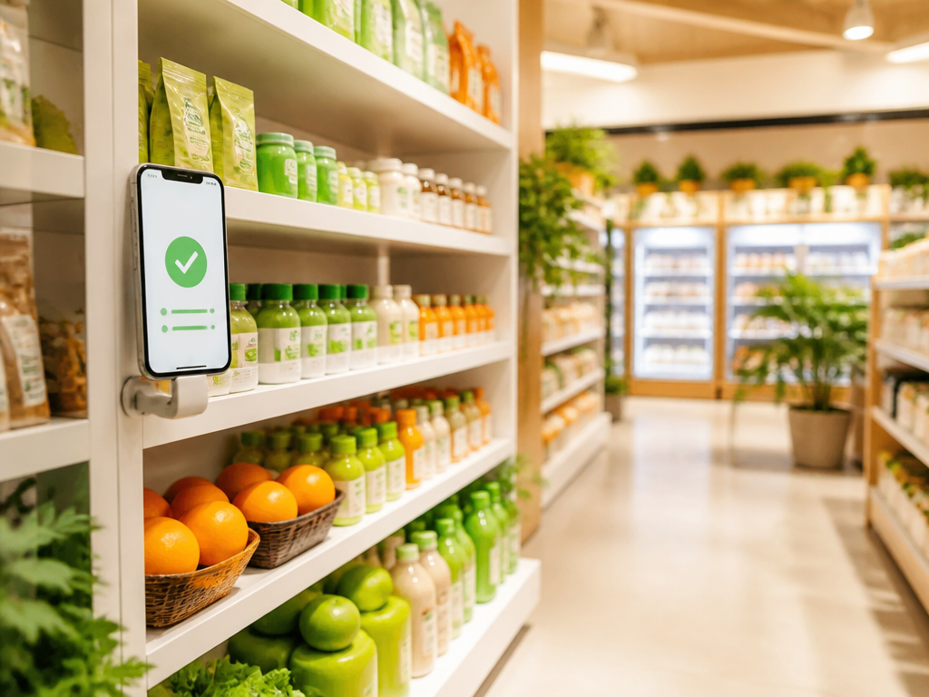 DisTech Merchandising illustration showing retail shelves and mobile audit tools